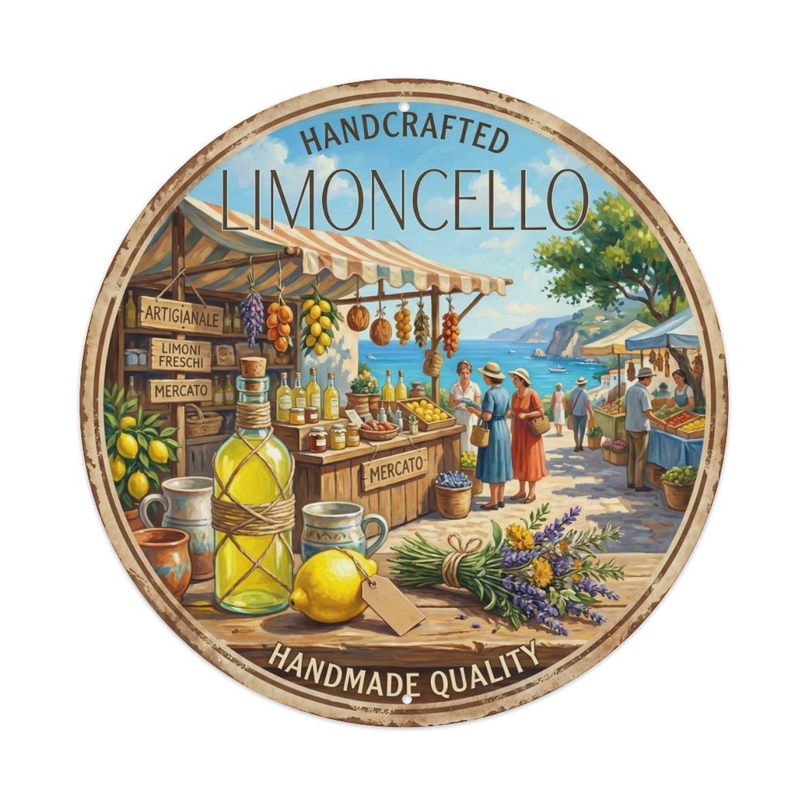 Fqcyn Style Handcrafted Limoncello Elixir Metal Tin Sign Plaque Wall Decor For Cafe, Club Bar, Office, Home Garden Round Metal Poster 8X8inch