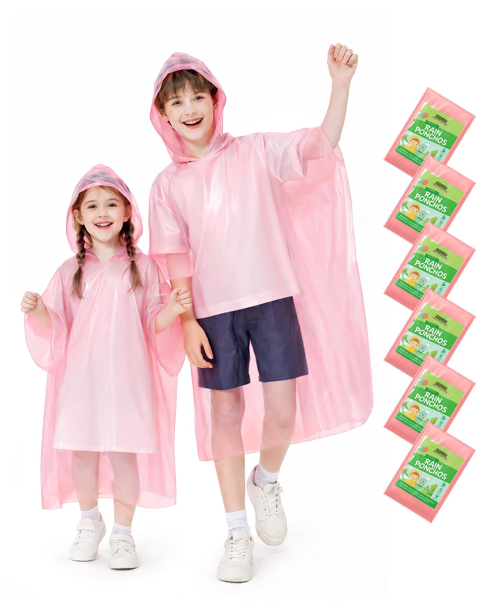 Hitituto Rain Ponchos Family Pack Kids– 6/12/24 Pack Disposable Poncho with Hood, Clear &amp; Assorted Colors, Home Survival Kits