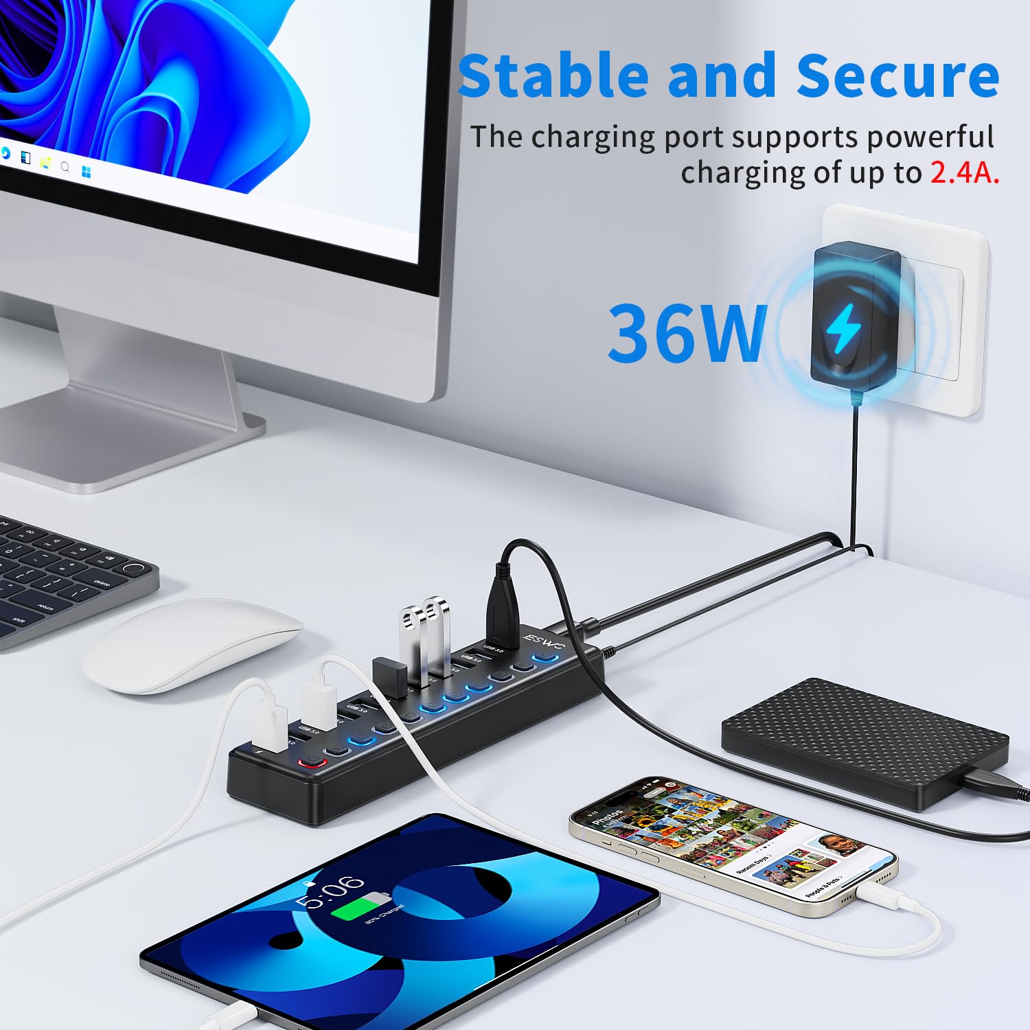 JESWO - Hub USB 3.0 de 11 puertos, 10 puertos USB 3.0 de transferencia de datos + 1 puerto de carga inteligente, concentrador USB alimentado con interruptores LED individuales de encendido/apagado y