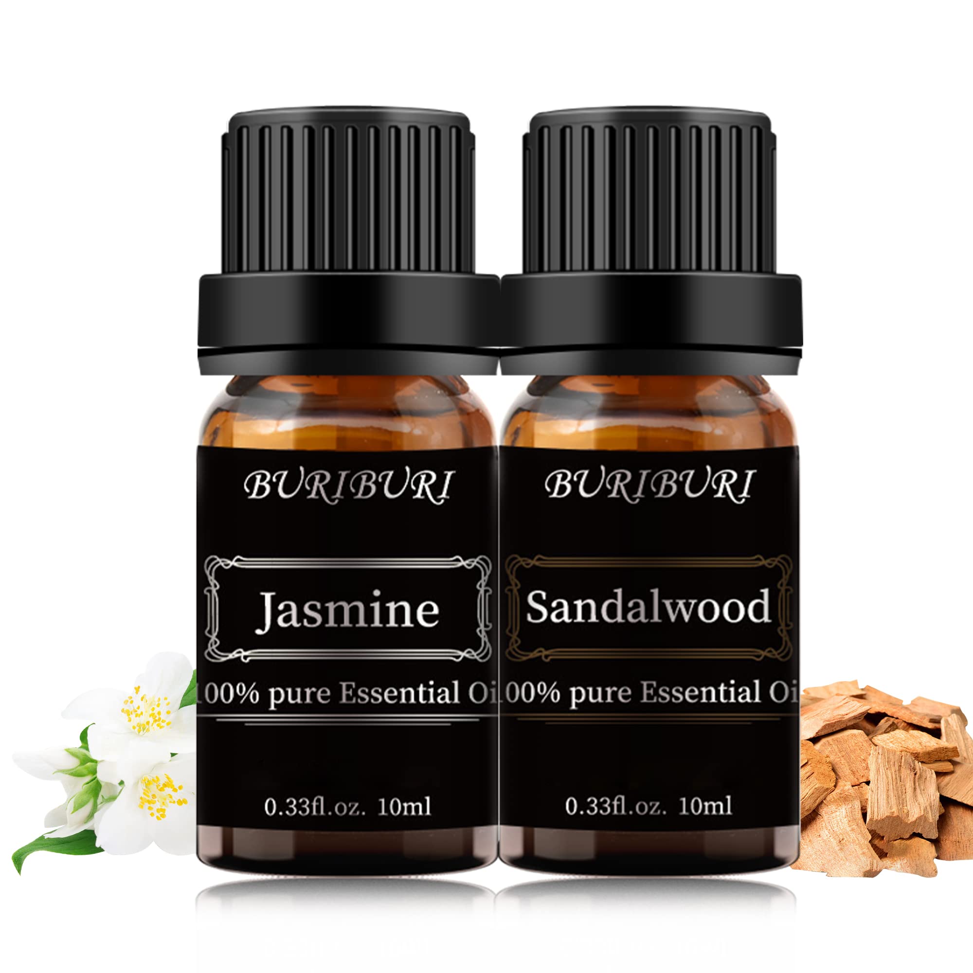 BURIBURIPure Sandalwood Essential Oil Bundles with Jasmine Essential Oil Organic Aromatherapy Oils 10ml 0.33 oz for Diffuser Humidifier