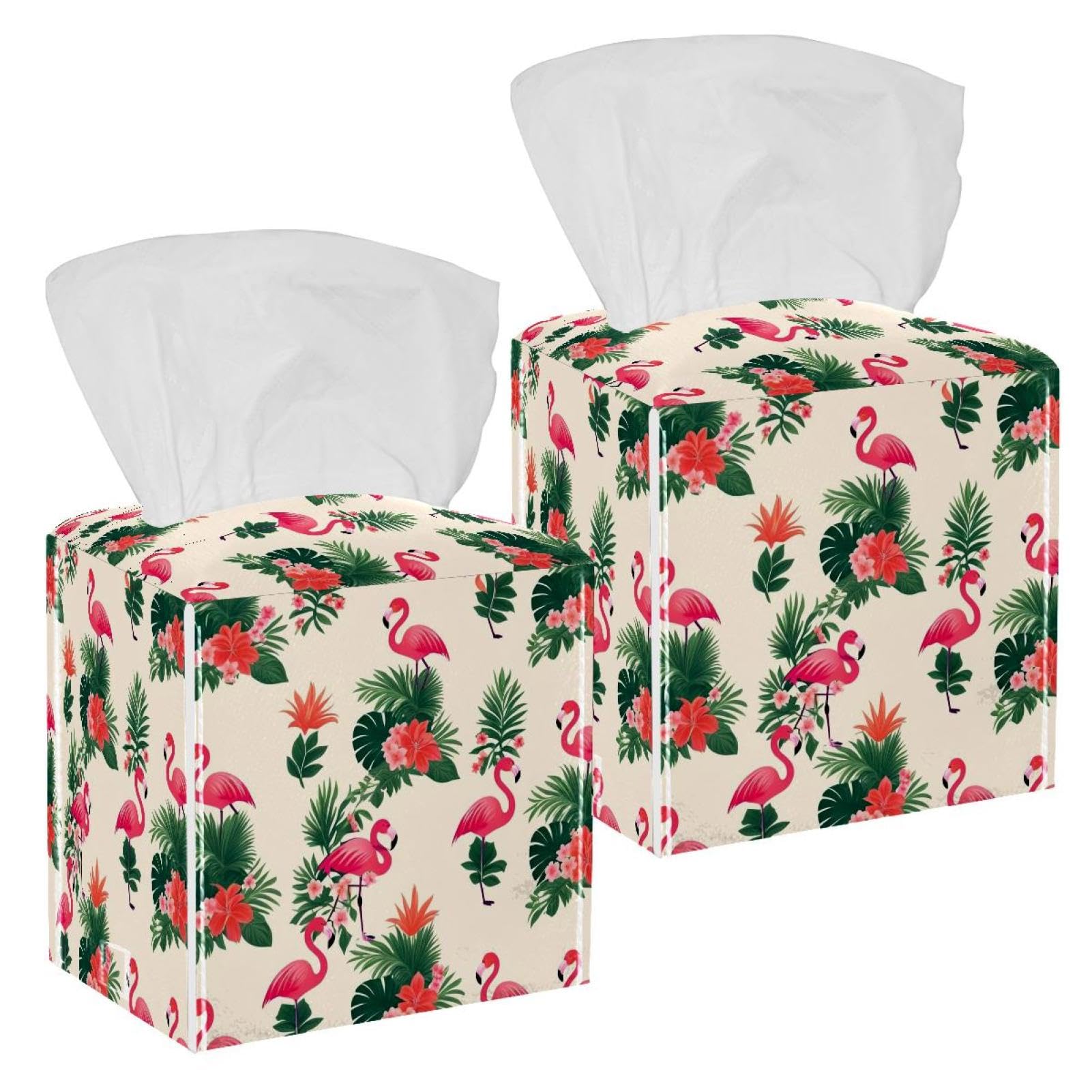 Flamingo Tissue Box Cover, 2 Pack PU Leather Square Facial Tissue Dispenser Box holder for Home Office Car