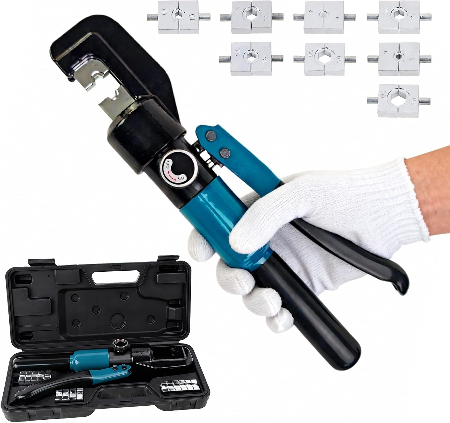 Hydraulic Crimping Tool - 1/8” Wire Rope Crimping Tool with 9 Die Sets (12 AWG to 2/0 AWG) for Battery/Welding Cables & Electrical Wires