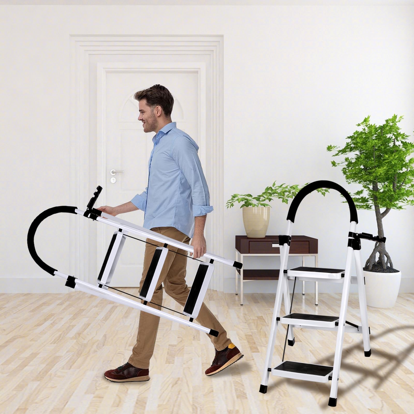 Marchepied Robuste Pliable de Bricolage, Escabeau à 3 marches - Prend Peu de Place et se Range Facilement - en Aluminium-104 x 57 x 41,5 cm - 3 marches (Blanc)