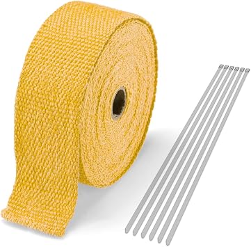 Yellow Exhaust Pipe Insulation Thermal Heat Wrap 2" x 50 Motorcycle Header Protection Fiberglass Heat Shield 6X Stainless Ties
