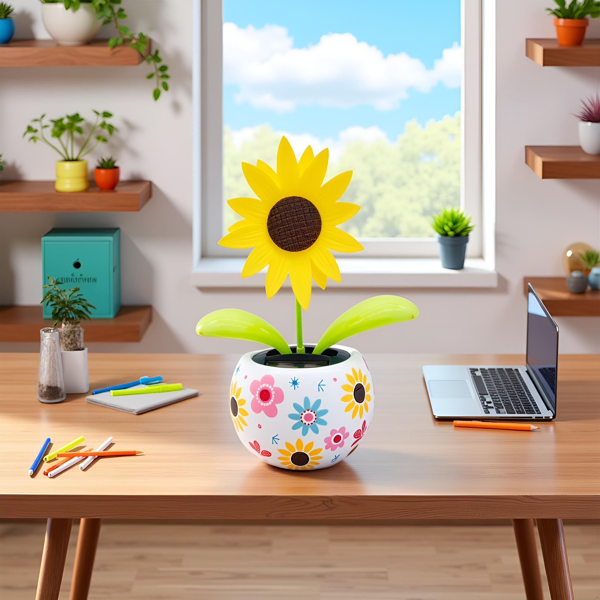 Graziosi fiori danzanti solari a forma di girasole, alimentato a energia solare, fiore oscillante a energia solare, decorazione per scrivania, kit di energia solare