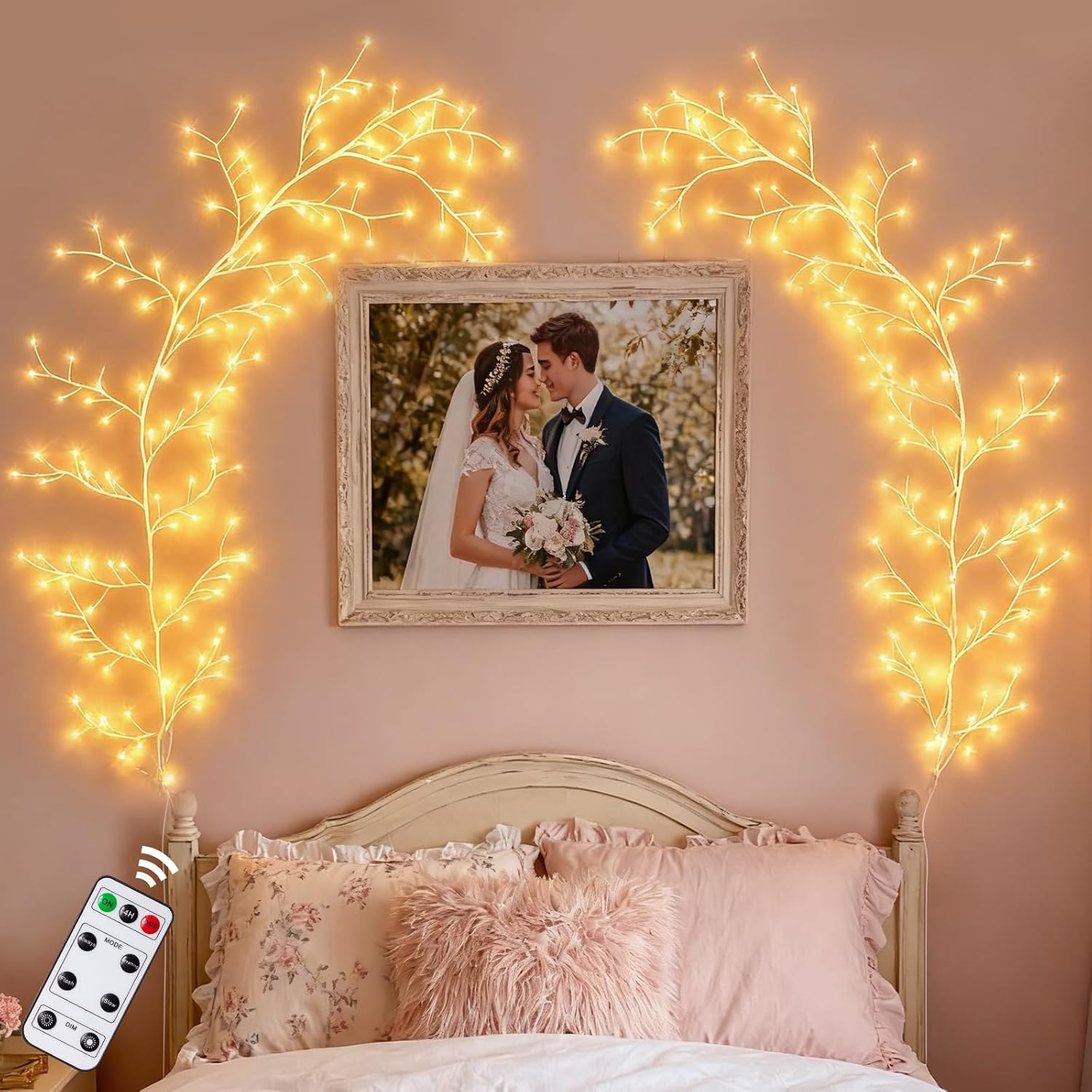 willow vine lights with remote for wall: 7.5ft led enchanted vines lights diy white birch tree light for room and home decor - flexible lighted branches light for halloween & christmas decorations white - remote control