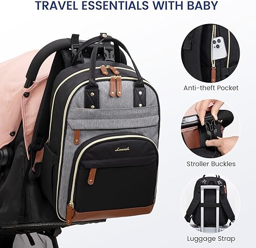 Miniatura 4 de LOVEVOOK mochila de pañales de gran capacidad, Negro-gris-marrón, Moderno