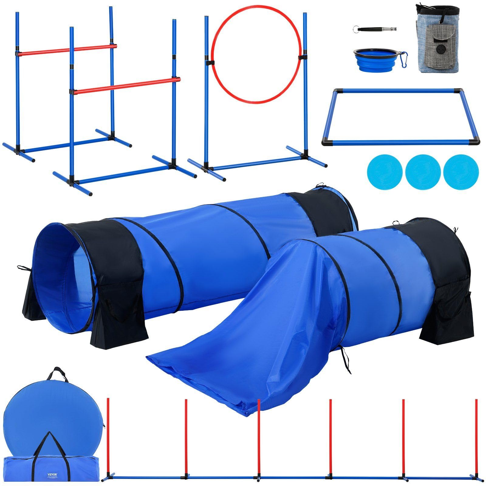 CooFel Dog Agility Training Equipment 7 PCS Set w/Hurdles 2 Tunnels Jump Ring