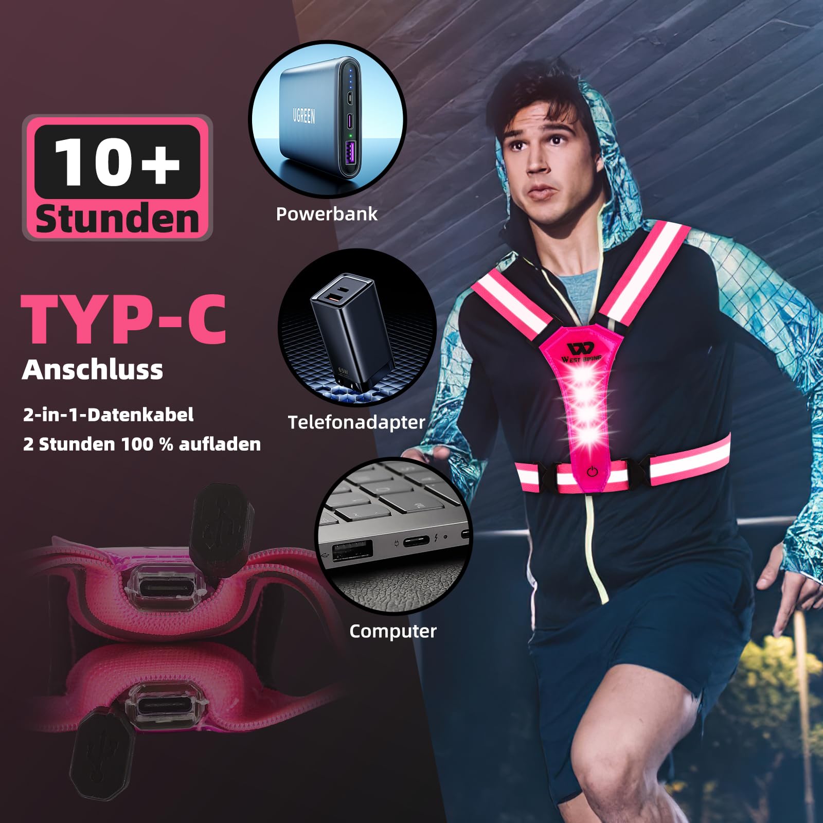 LuTuo Giubbotto di sicurezza a LED per bicicletta, 360°, con riflettore ad alta visibilità, regolabile in vita/spalla, ricaricabile USB-C per corsa, jogging, cane, passeggiate, ciclismo