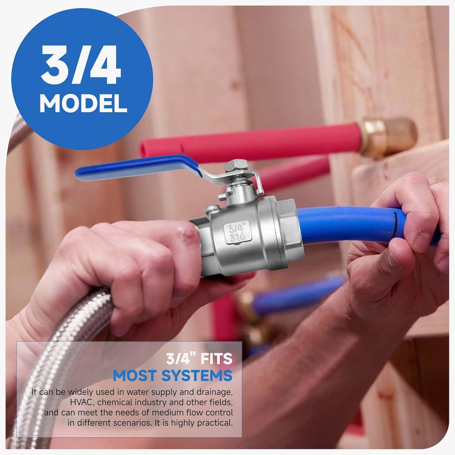 3/4" Full Port Ball Valve 316 Stainless Steel, NPT Female, 1000 WOG, with Heavy-Duty Blue & Red Vinyl Handles,4-Pack