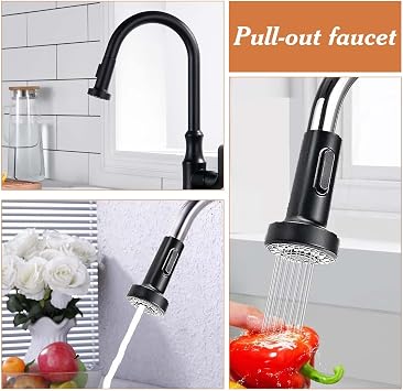 Kitchen Tap Spray Head, 2 Function Tap Adapter for Kitchen Sink, Replacement Shower Head for Kitchen Pull Out Tap&Bathroom Mixer Faucet Chrome Finish Universal G1/2 (Black)