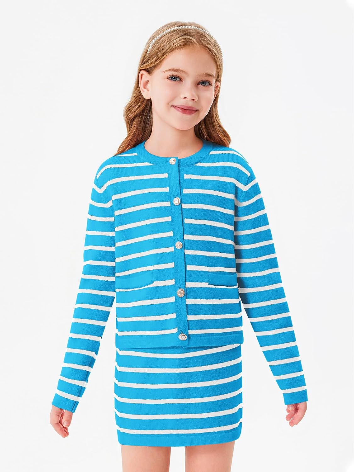Haloumoning Girls Fall 2 Piece Outfits Striped Button Down Cardigan and Skirt Sets with Pockets 5-14 Years