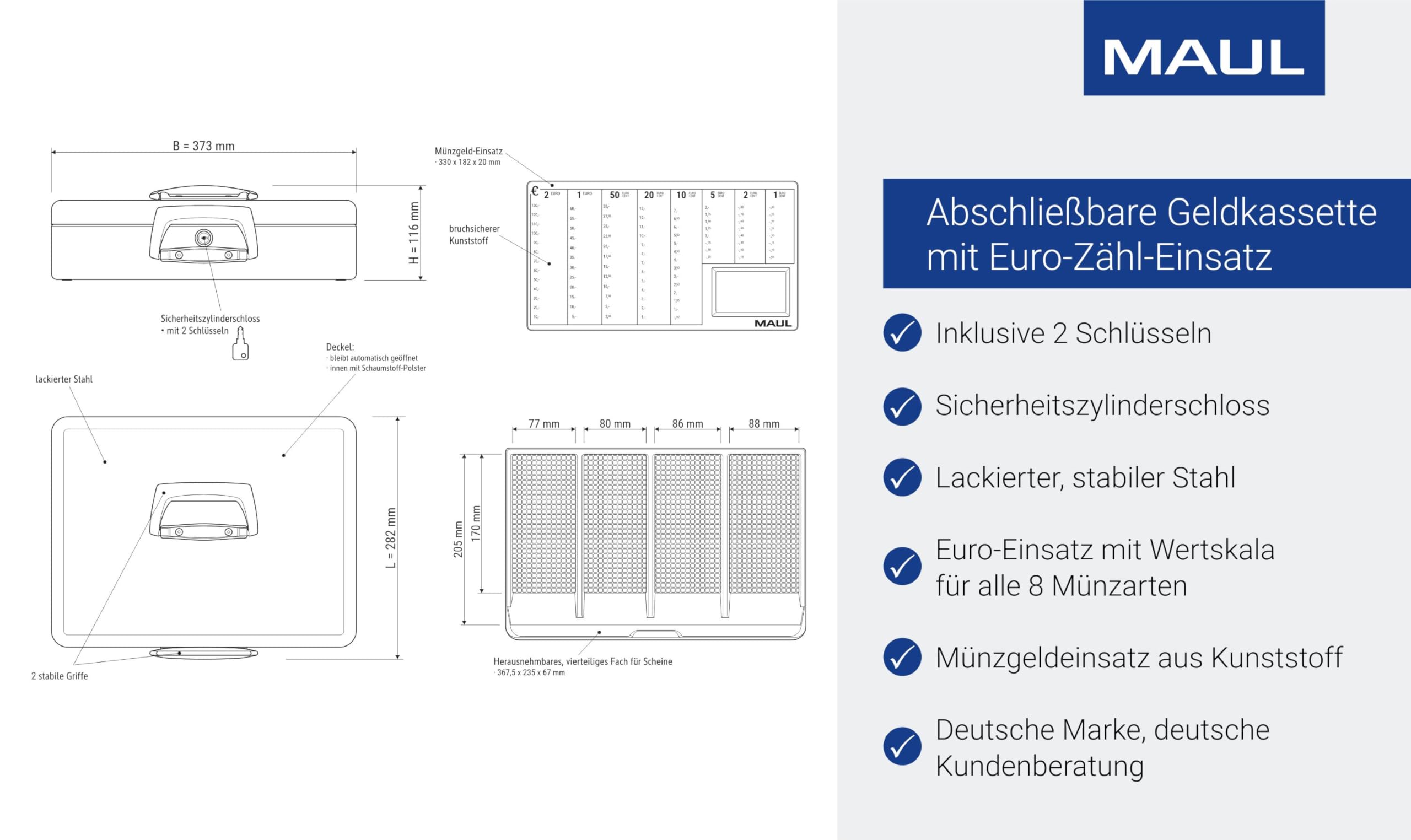 MAUL Geldkassette mit Münzzählbrett aus Stahl | 37 x 29 x 12 cm | Geldkassette abschließbar | Entnehmbares Scheinfach | Tragbare Kasse mit 2 Schlüsseln | Ideal als Registrierkasse | Schwarz