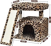 Vista 3 de Small Leopard Print Cat Tree for Indoor Cats Short Tower with Scratching Post, Ramp Pad, Condo with Perch Bed, Kittens Play House, Hanging Plush