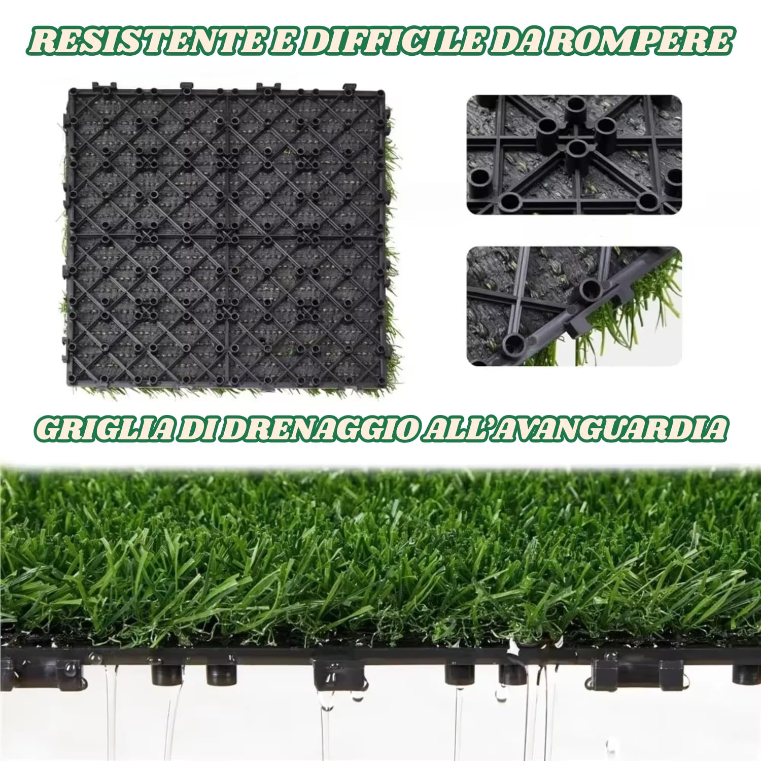 Piastrelle Erba Sintetica Esterno Interno Set da 10 Prato Artificiale Incastro Drenaggio Acqua 30 x 30 x 2,3 cm Realistico Pavimento Morbido Terrazza Patio Giardino Balcone Bordo Piscina