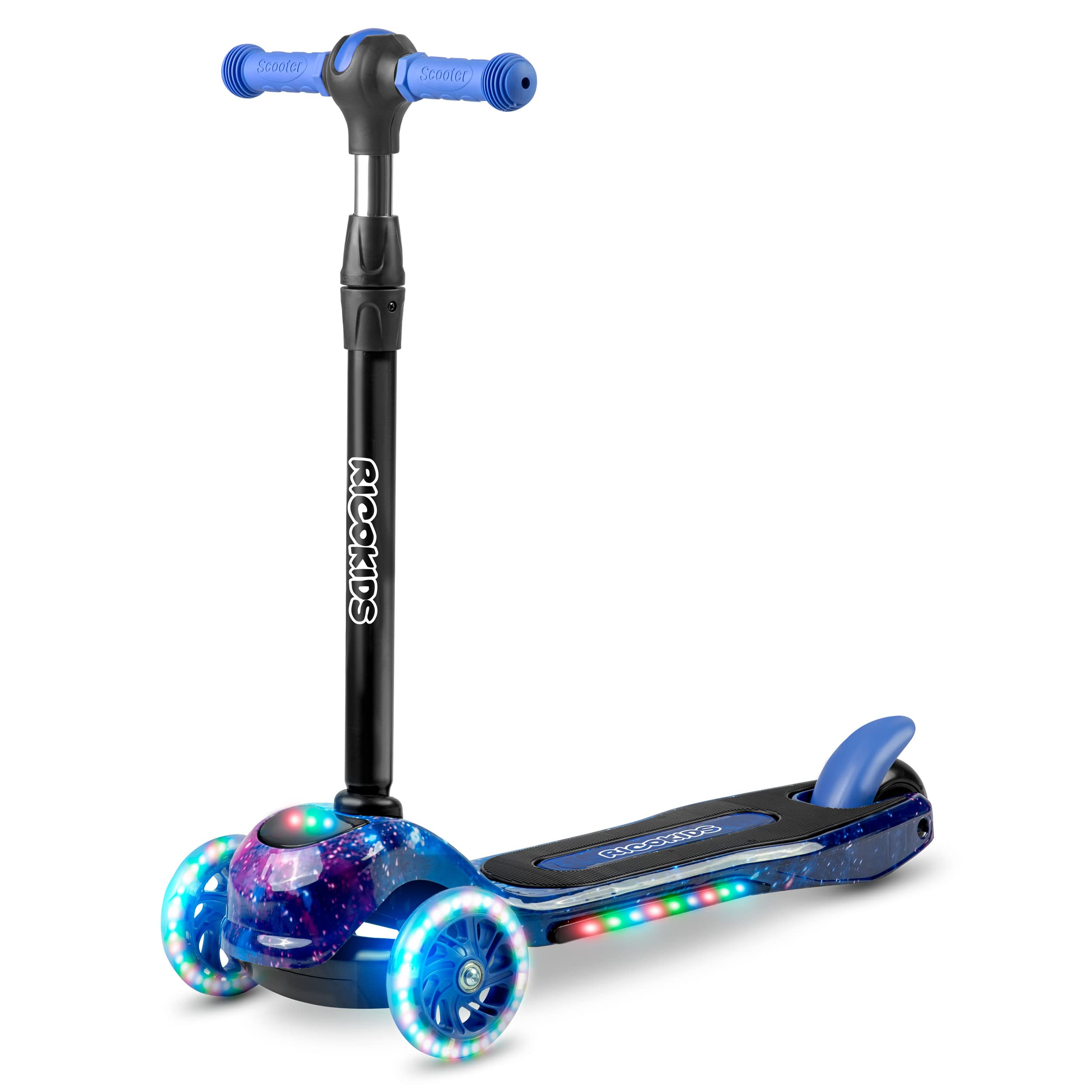 Scooter pour Enfants à Trois Roues avec éclairage LED, équilibre, Pliable, Bleu-Noir, FotoPiko