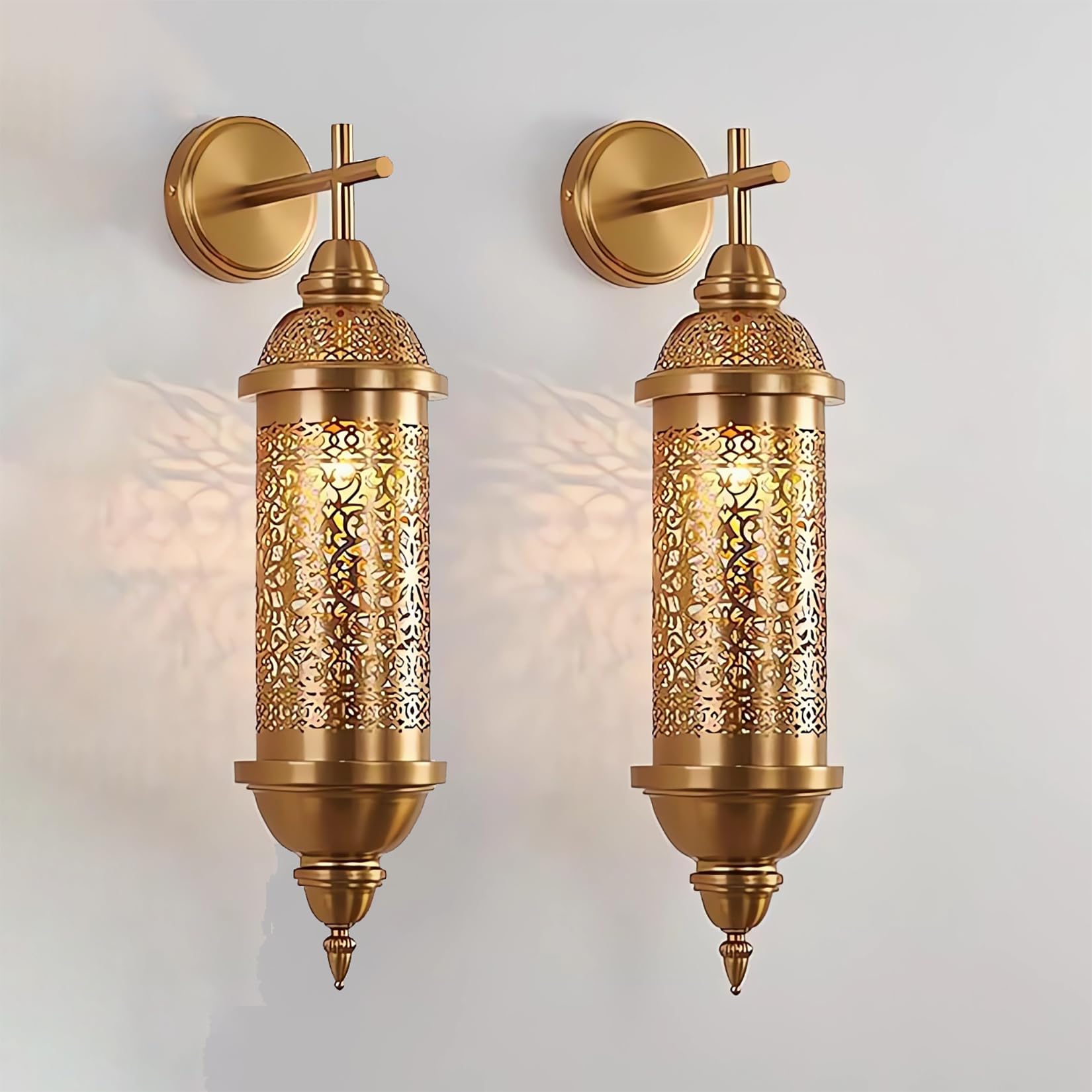 Fiunkes Gold Wall Sconce Lamp, Turkish Moroccan Hollow Metal Wall Light, 24 Inch Height Wall Mounted Porch Hallway Light for Living Room, Bedroom Bedside, Staircase,2pack