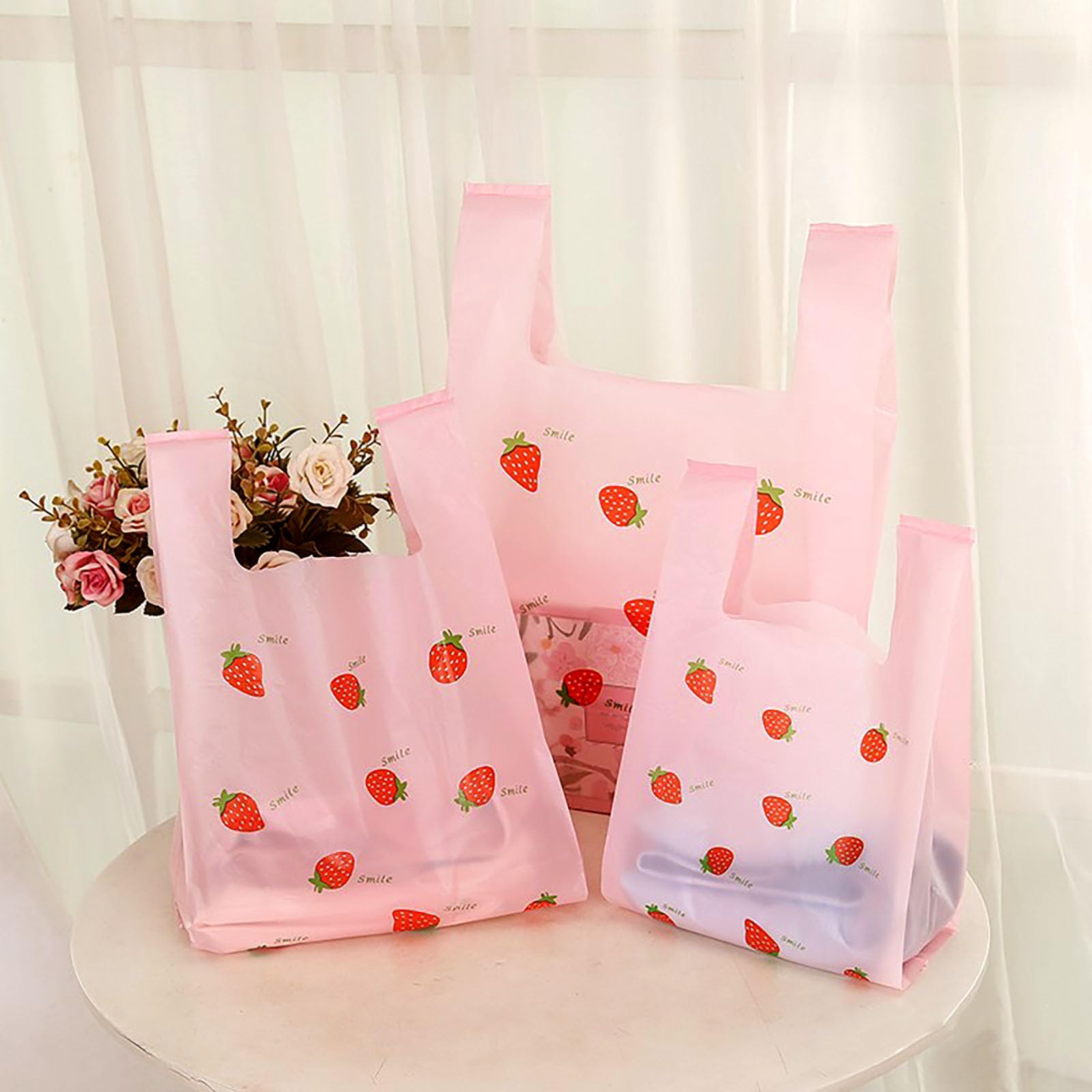 YYaaloa Pink Strawberry Plastic Bags 50 Count, Pink Grocery, Restaurants, Convenience Store with Handles Shopping Bags in Bulk (Pink Strawberry print, 9.8x16.5inch)