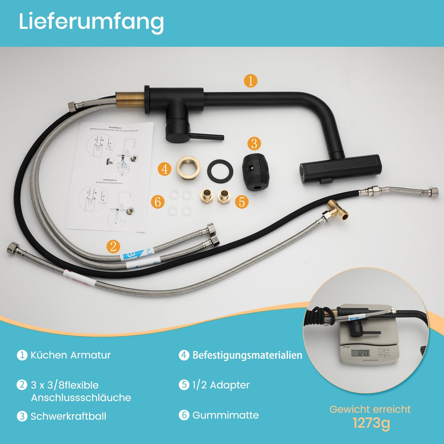 Niederdruck Armatur Küche Ausziehbar,Schwarz Edelstahl | Wasserhahn Küchenarmatur mit 3 Anschluessen für Boiler/Untertischgeräte,360° Drehbare Armatur, 3 Modi Brause