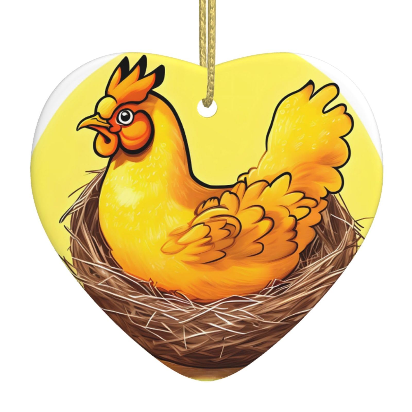 Bird's Nest Golden Chicken Ceramic Christmas Heart Pendant with Silk Thread, Christmas Tree Home Decoration