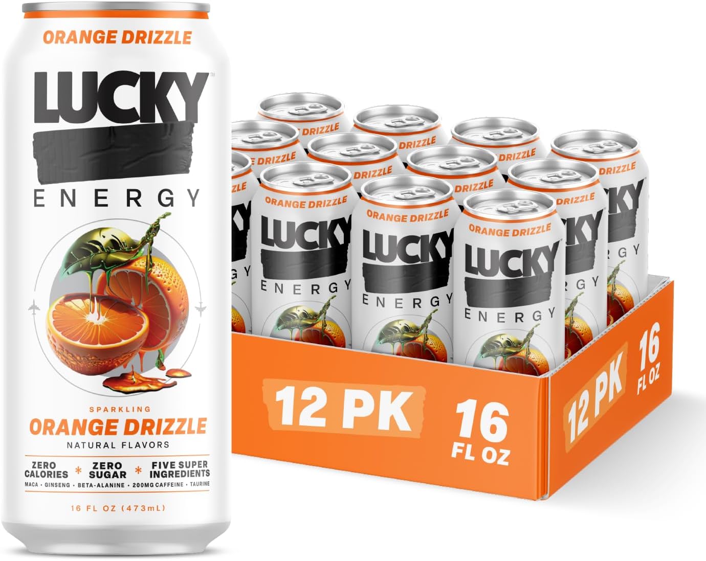 Lucky Energy Sugar Free Energy Drinks, Orange Drizzle, 16oz Cans (12-Pack) Healthy, Zero Sugar Energy Drink with Maca, Ginseng, Beta-Alanine, Taurine & 200mg Caffeine