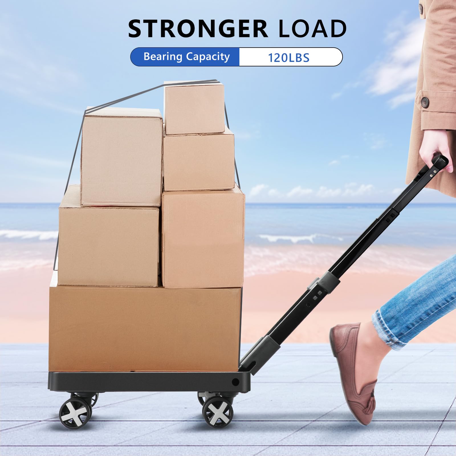 Carro de Mano, Carro de Equipaje Resistente de 120 Libras, camión de Plataforma Plegable portátil de 4 Ruedas con 2 Cuerdas elásticas para moverse, Saltar, Equipaje, Uso en Oficina, Negro