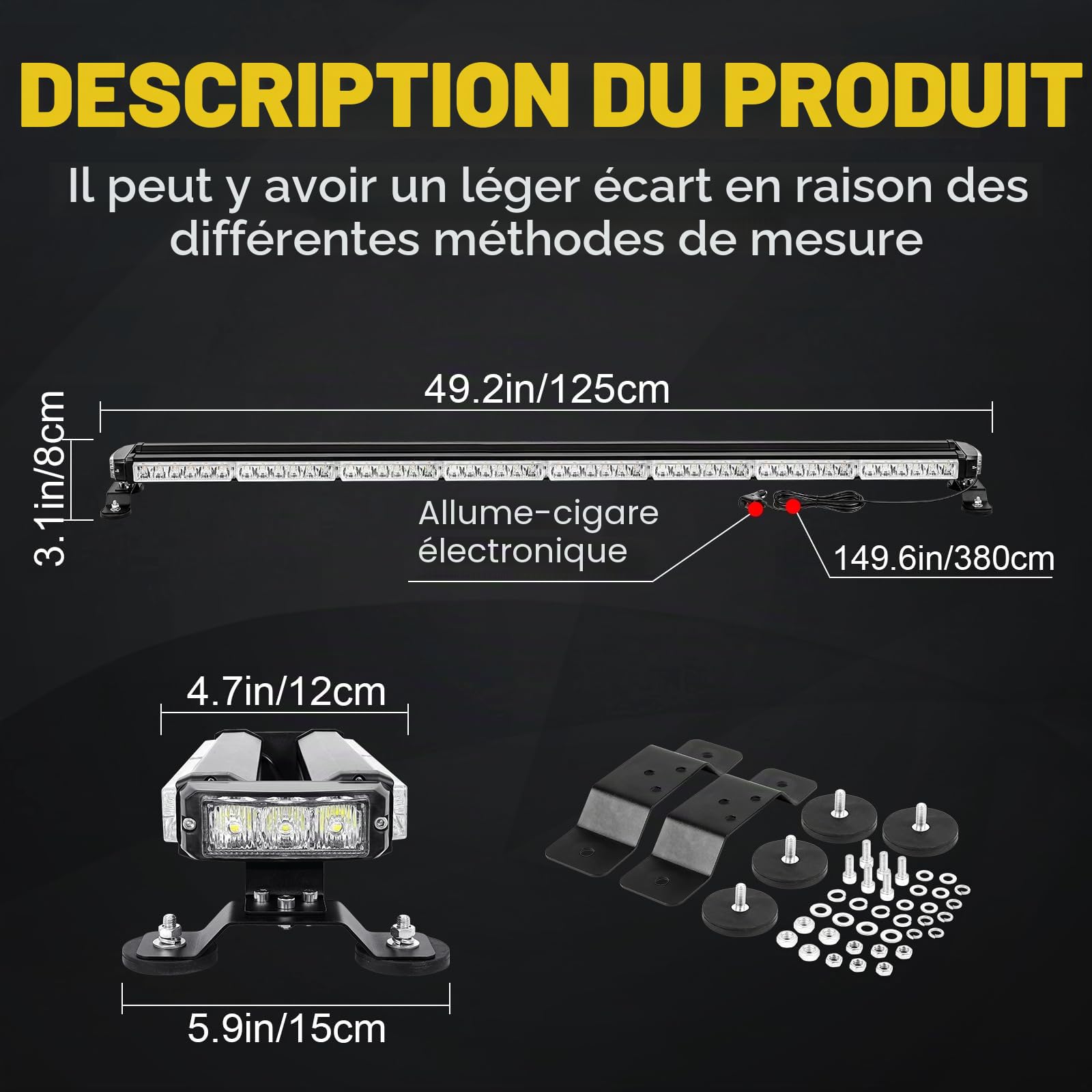 RIGIDON Barre Lumineuse Clignotante Stroboscopique à LED, 49" 125 cm 102LED
