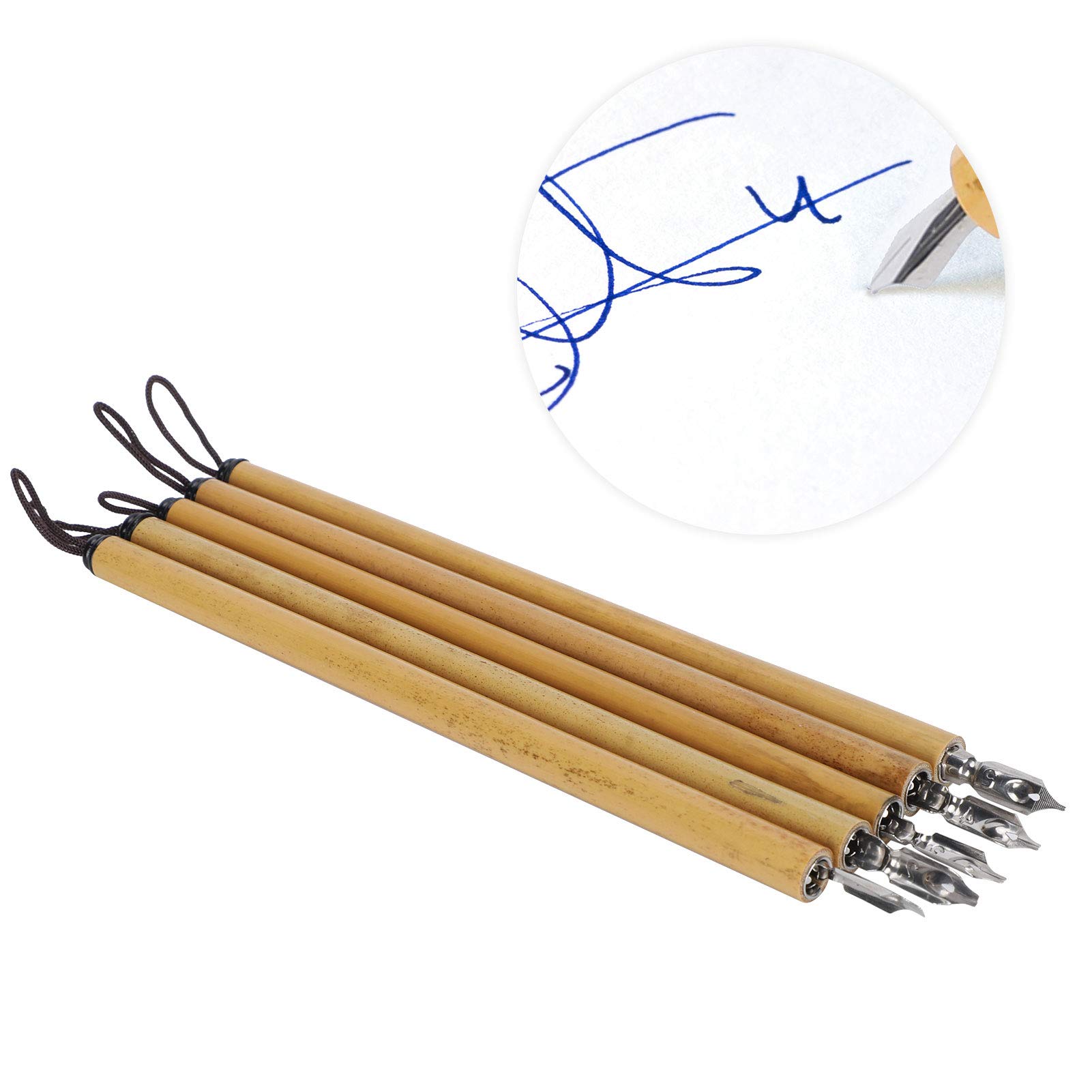 5 bolígrafos de caligrafía vintage de bambú con punta de bambú Qalam hecha a mano de manga Dip Ink Wooden Painting Kit School SuppliesNatural Nib (1-5 plumas)