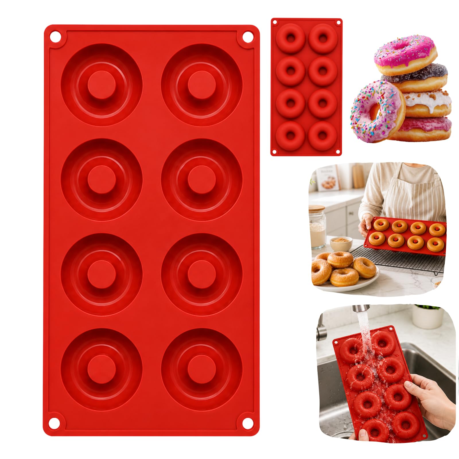 Hovuk 8 Cavity Donut Mould 8 Cavity Silicone Donut Mold Non-Stick Baking Tray, Flexible, Odorless, Dishwasher, Oven & Microwave Safe - Perfect For Donuts, Muffins, Bagels, Cupcakes, Cookies, Cakes, Bakewar