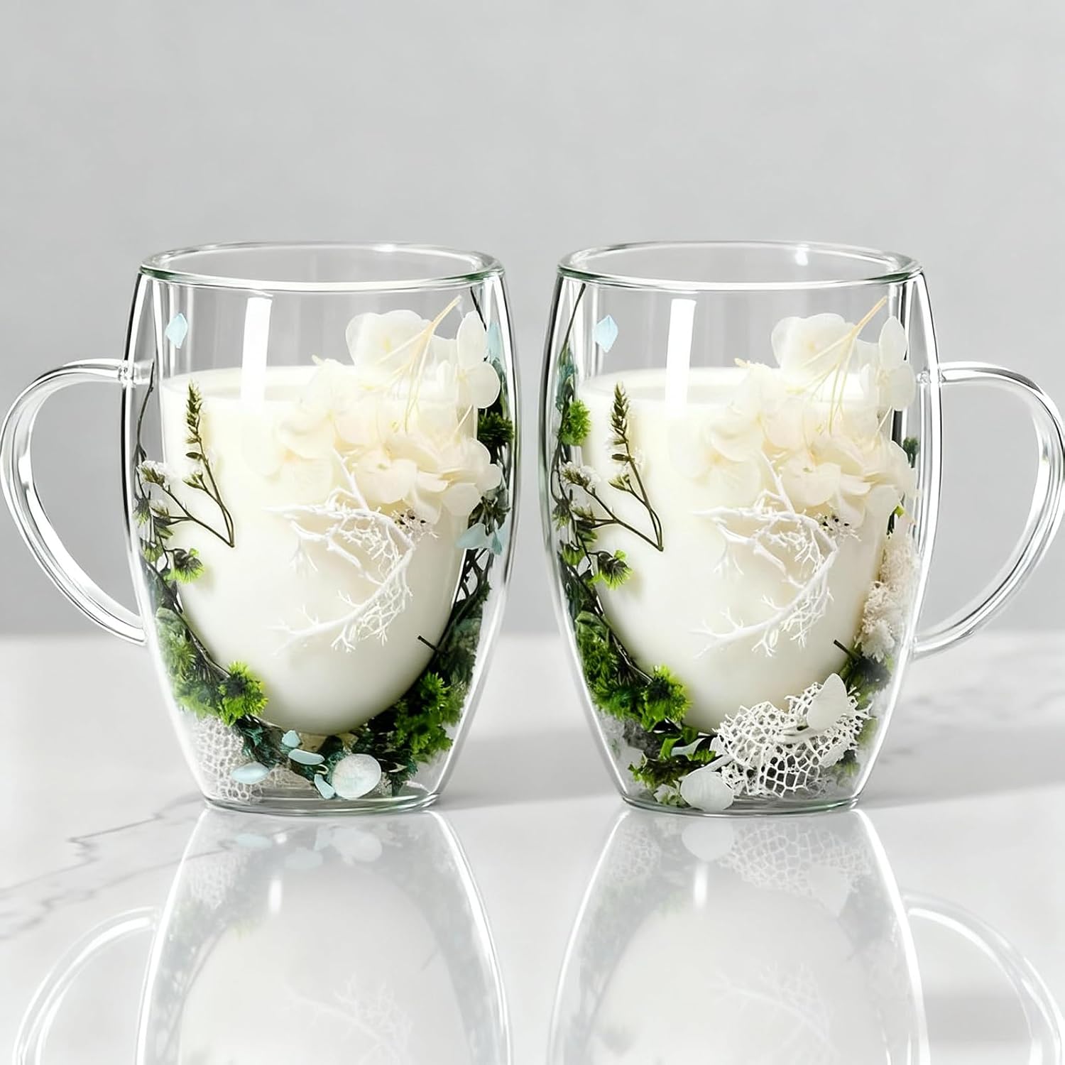 350ml Dried Flower Double Walled Glass Mugs Set of 2, Double Insulated Coffee Mugs with Handles, Drink Glasses Tea Cup Mugs for Coffee Tea Milk Juice Ice Cream(Green Series)