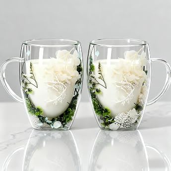 Lxoraziy Beautiful Pack of 2 Dry Flower Double Wall Glass with Handle, 350 ml Coffee Glass, Tea Glasses, Coffee Glasses Perso