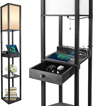 OUTON Floor Lamp with Shelves, 1 Drawer, 2 USB-C Ports, 2 AC Outlets, LED Modern Floor Lamp with 3 Color Temperature, Storage Display Wood Standing Lamp for Living Room, Bedroom, Office Black