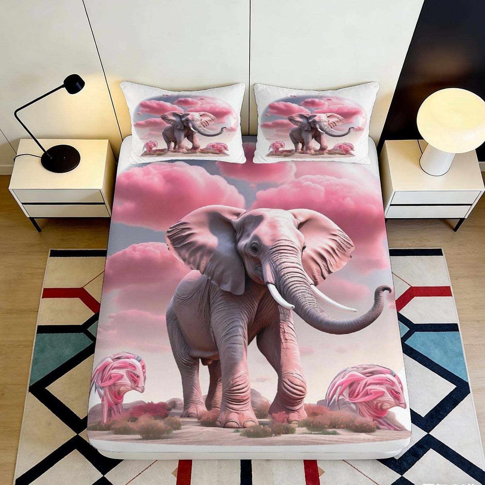 3D Printed Pink Elephant Fitted Sheet Microfiber Soft Non-Slip African Savannah Bed Cover for Bedroom Guest Room Decor 90x200x25cm