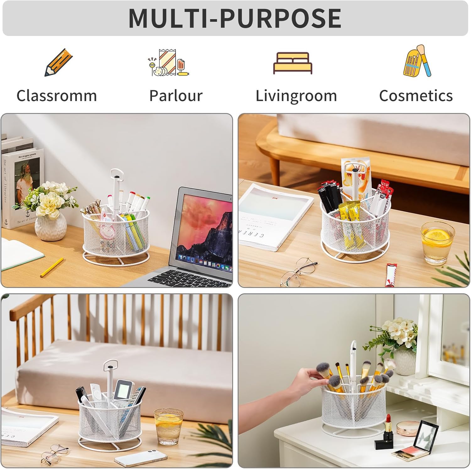 Marbrasse Organizer da scrivania in rete, portapenne multifunzione rotante a 360 gradi, 4 scomparti, organizer per cancelleria da scrivania, per casa e ufficio, scatola portaoggetti (bianco)