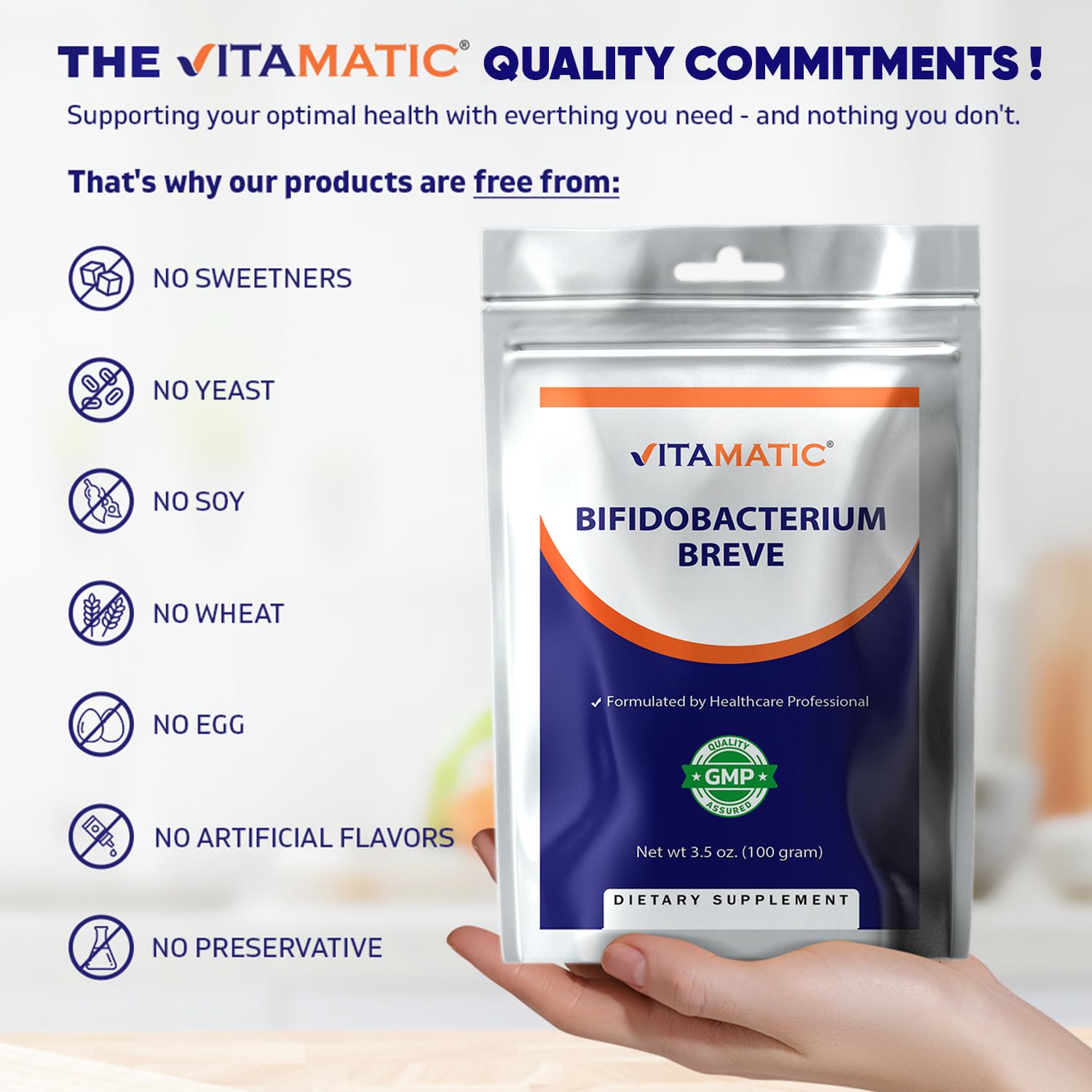 Vitamatic Bifidobacterium Breve Probiotic Powder - Digestive Health Support - 100 Gram (3.5 OZ) - 100 Servings