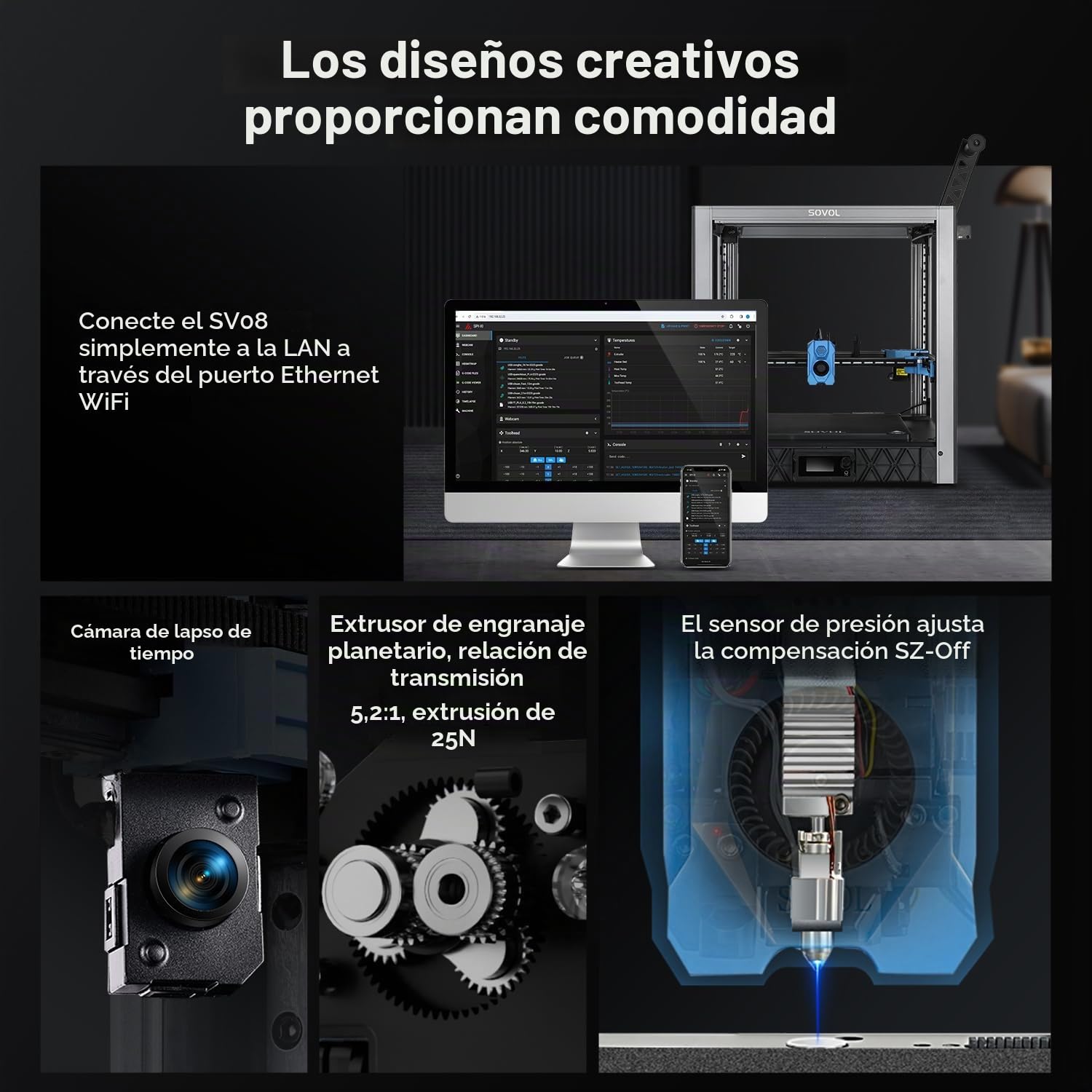 Impresora 3D Sovol SV08 Core-XY con cámara, impresión de Alta Velocidad de 700 mm/s con código Abierto Voron 2.4, 4 Motores Z Independientes, Control Remoto, tamaño de impresión 350 x 350 x 345 mm