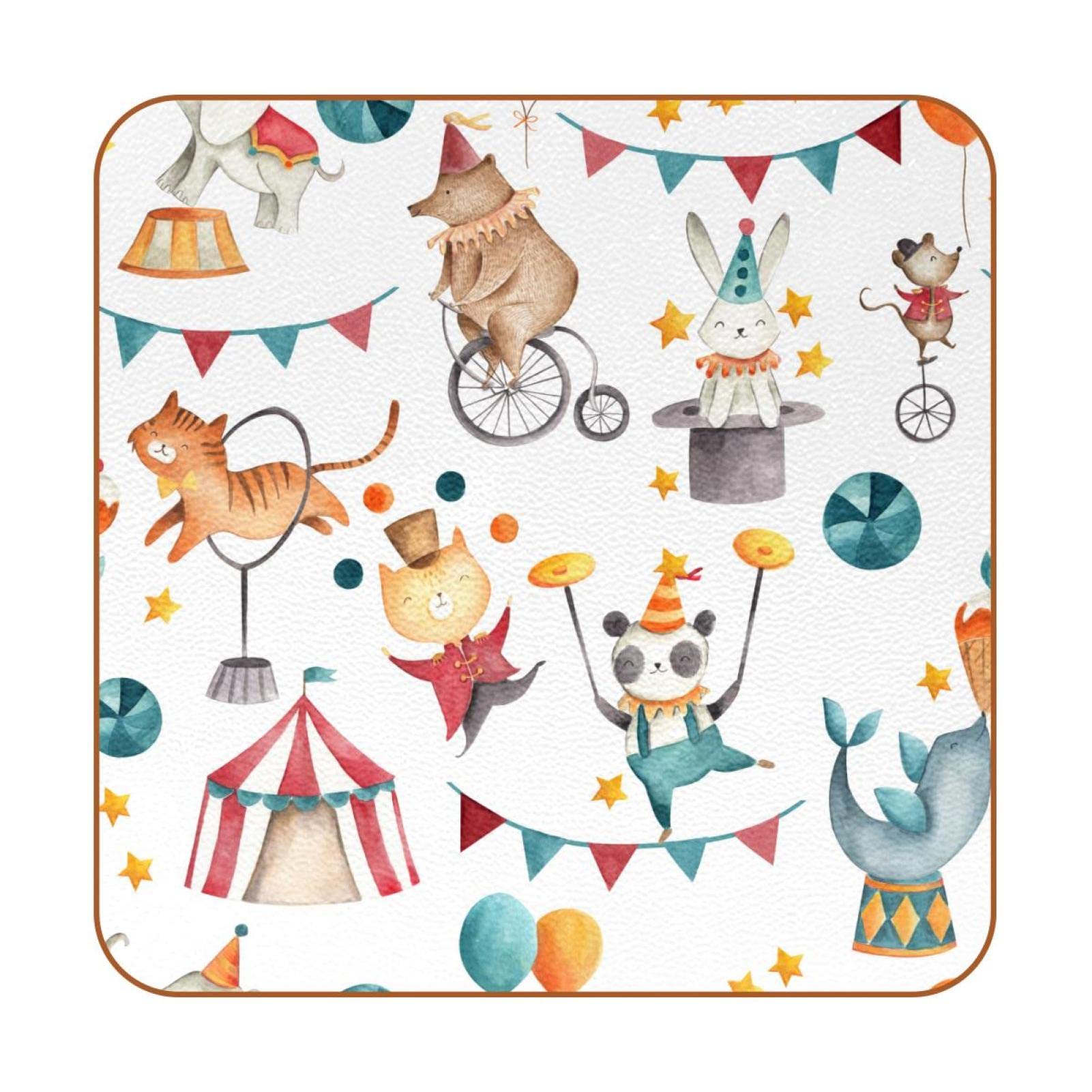 Dessous de verre cirque animaux carrés lavables pour protection table basse