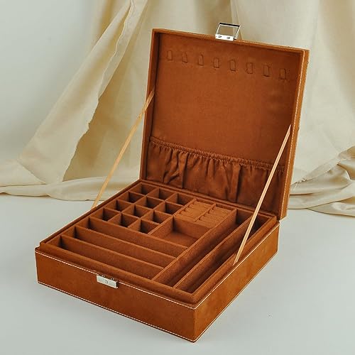 Miniatura 4 de Cajas de joyería de 10 x 10 pulgadas, 2 capas con asa para collares, organizador de joyas, anillos para mujer, exhibición de almacenamiento, caja de