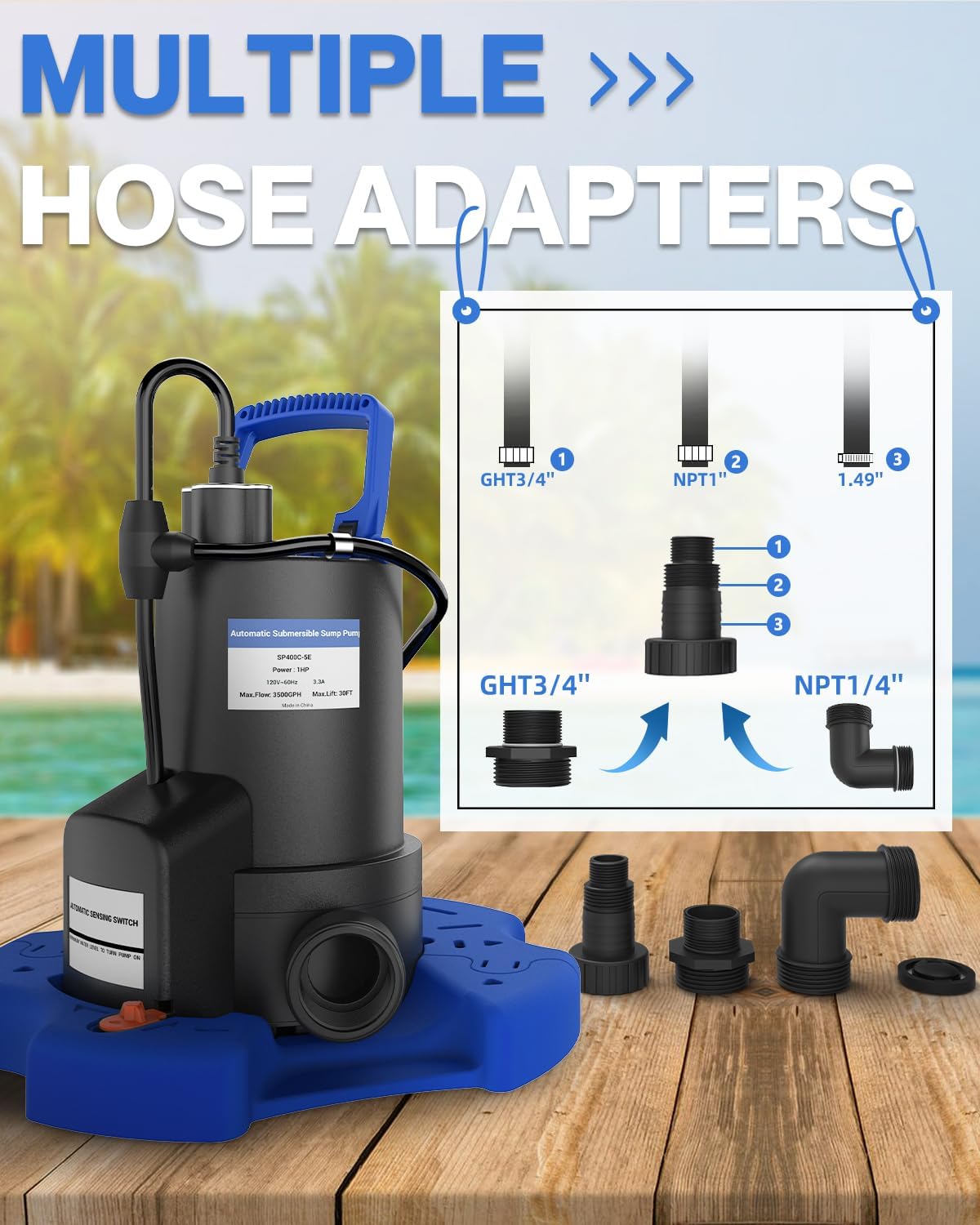 Automatic Pool Cover Pump - 1 HP 3500 GPH Submersible Water Pump with Check Valve and 3 Adapters, 29.5FT Cord for Pumps Above Ground Automatic On/Off System, Sump Pump for Basement Floods, Pond Pump