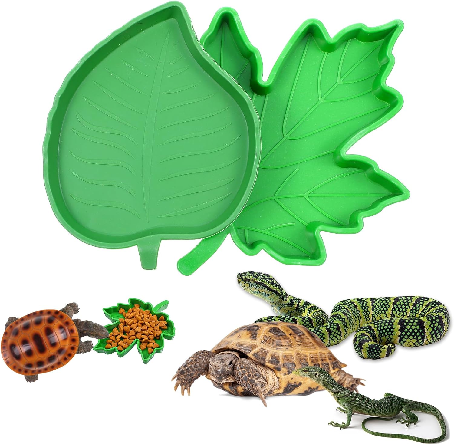 2 Pack Tortoise Water Dish,2 Styles Reptile Leaf Bowl,Cute Leaf Box Reptile Water Bowl, Suitable for Tortoises, Lizards, Geckos and Other Reptiles,Green