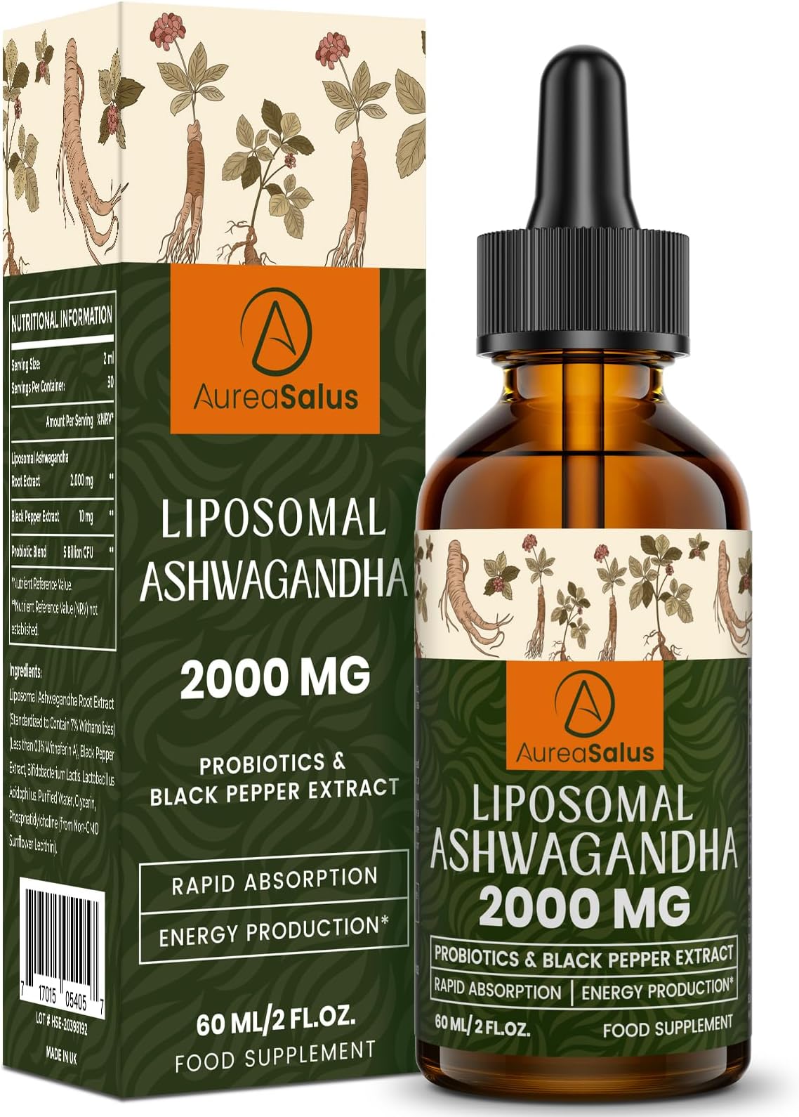 Liposomal Ashwagandha Drops 2000mg, Pure Natural Ashwagandha Extract, Enrich Probiotics & Black Pepper Extract, Stress Relieve Supplements, Increase Energy (60 ml (Pack of 1))