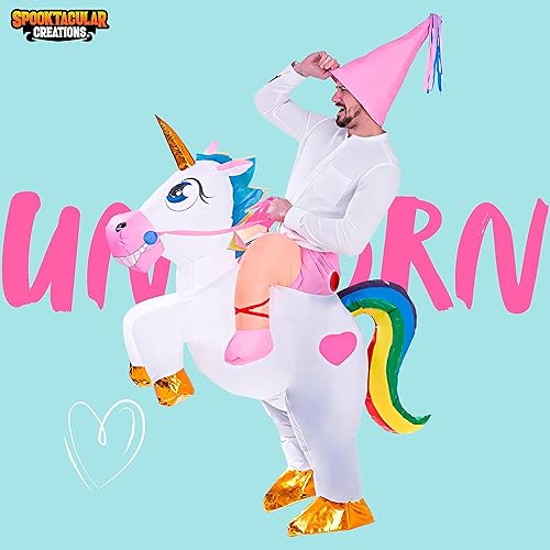 Miniatura 2 de Spooktacular Creations Disfraz inflable para adultos para montar en un unicornio iluminado, disfraz de Halloween, Blanco