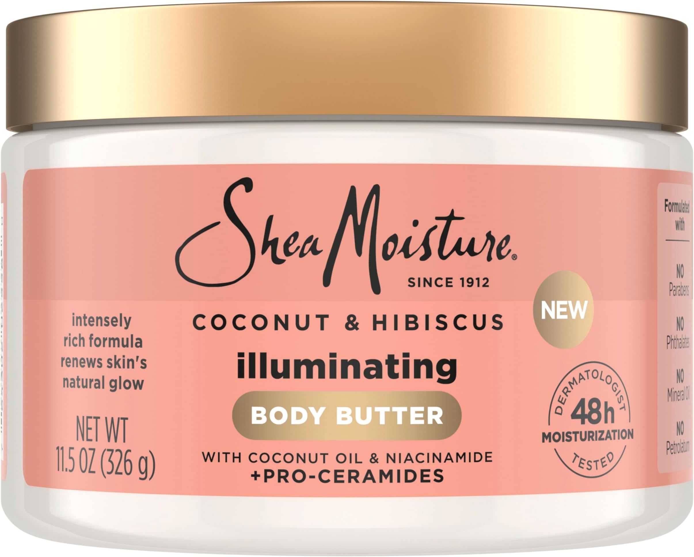 SheaMoisture Illuminating Body Butter with Coconut & Hibiscus, Niacinamide and Pro-Ceramides, Renewing Skin’s Natural Glow, 48H Moisturizing 11.5 oz