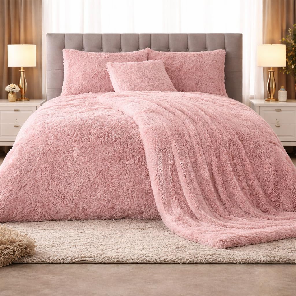 PARADISE STAR Teddy Bear Cuddles Fleece Duvet Cover Set – Alaska Luxury Faux Fur Bedding with Matching Pillowcases, Super Soft Warm Plush Winter Quilt Cover Bed (Blush, Single)