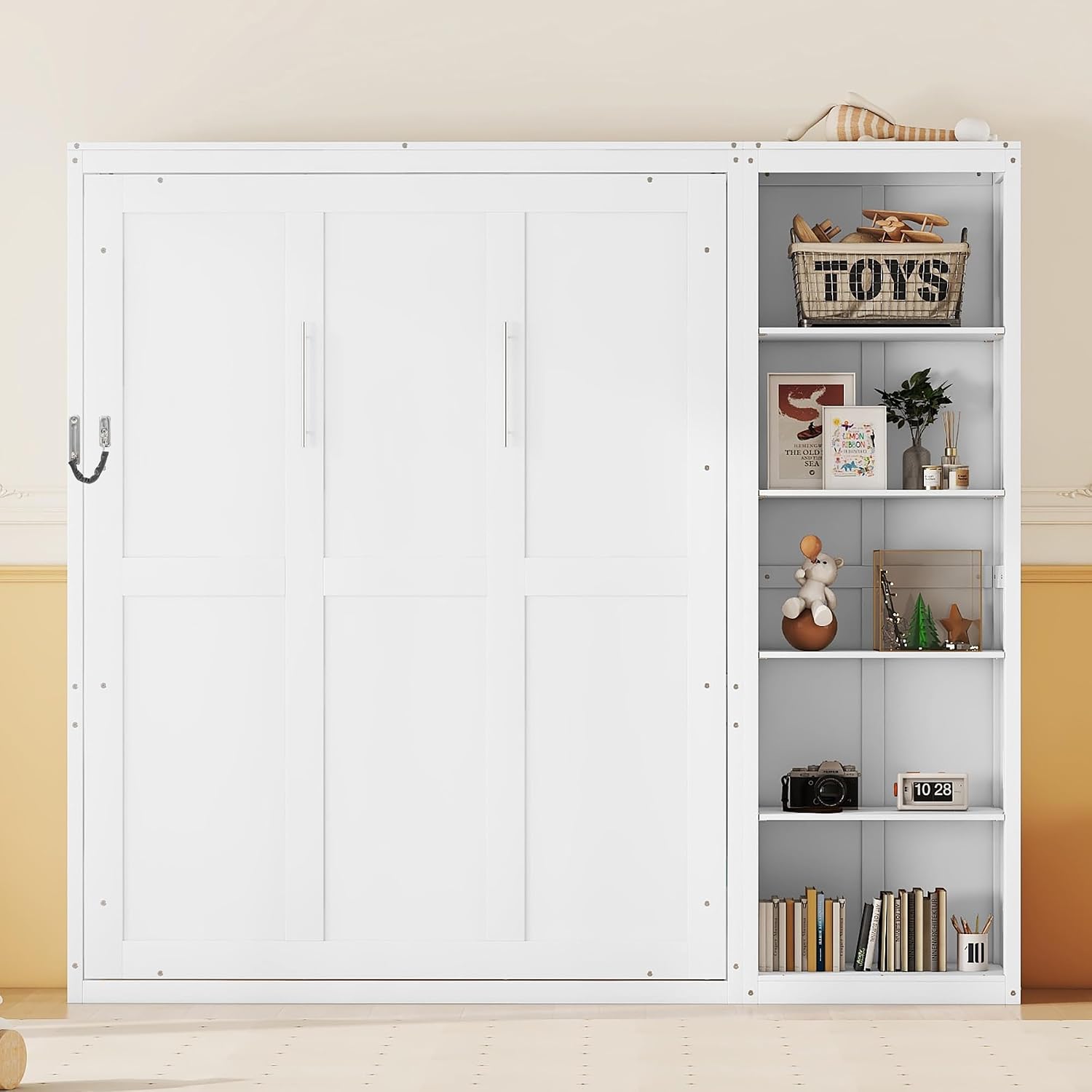 The GDFStudio Murphy Wall Bed fully closed, appearing as a cabinet with integrated shelving on the right, blending into the room.