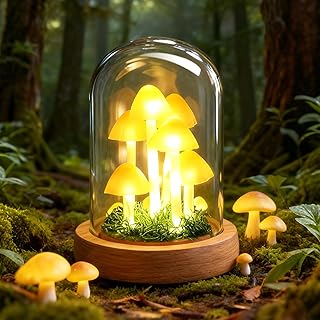 Decorative Mushroom Lamp with Glass Dome, Warm LED Night Light for Bedroom & Living Room, Unique Mushroom Gifts for Women, Christmas & Birthday Decor