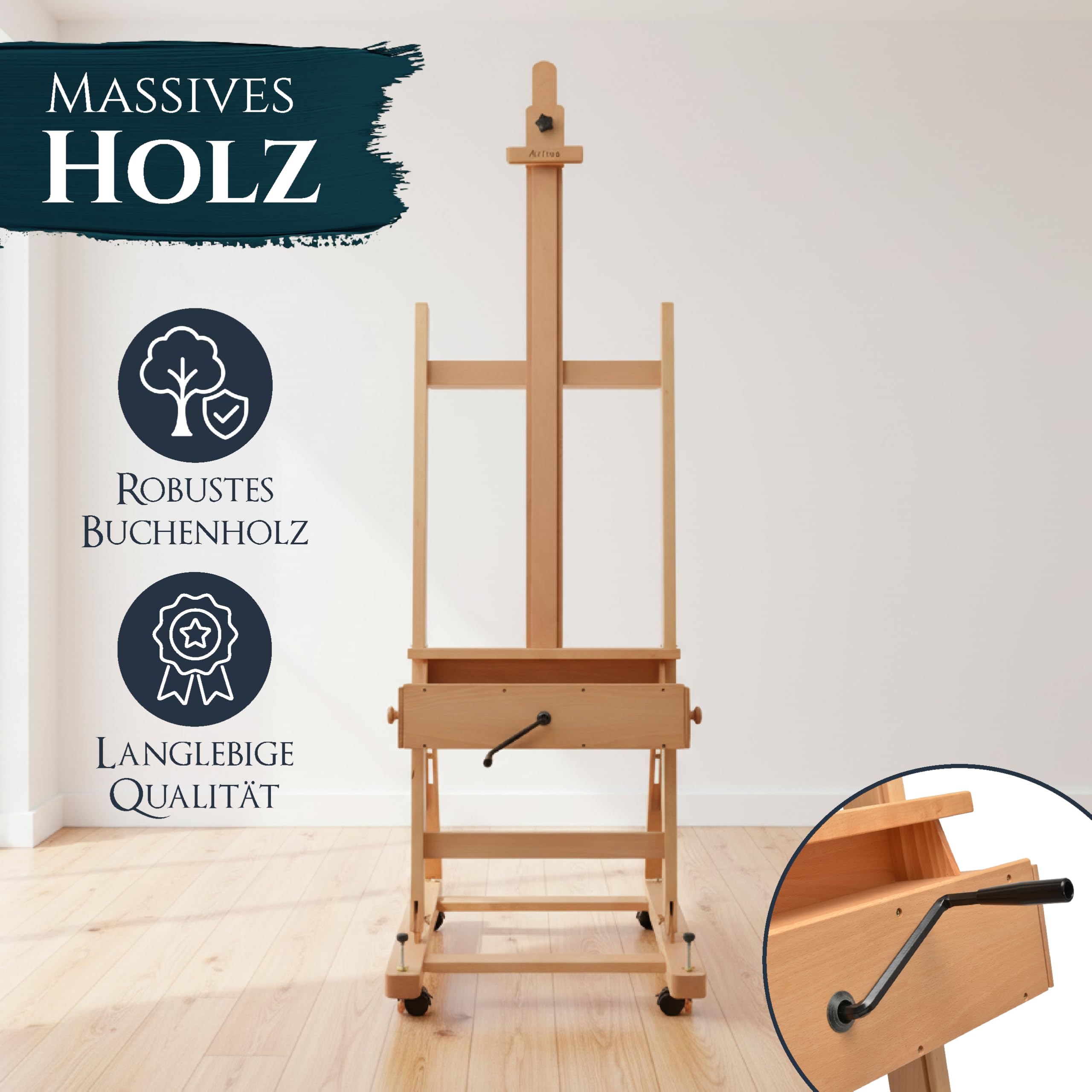 Artina Staffelei Holz Profi Atelierstaffelei für Keilrahmen bis 210cm | rollbare Studiostaffelei aus massivem Buchenholz Mobile stufenlos verstellbar Rollen Künstlerstaffelei Pisa