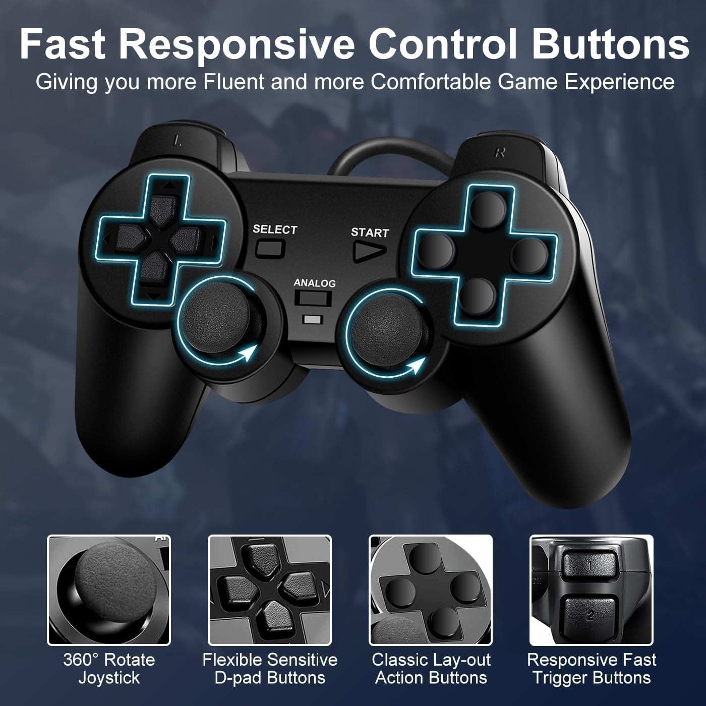 FLLAGG20 | 2X Controller cablato Compatibile con Ps2, PS1, PSX | Nero, 1.8m cavo, | Doppia Vibrazione, Plug and Play, layout ergonomico | Joystick Compatibile con giochi arcade