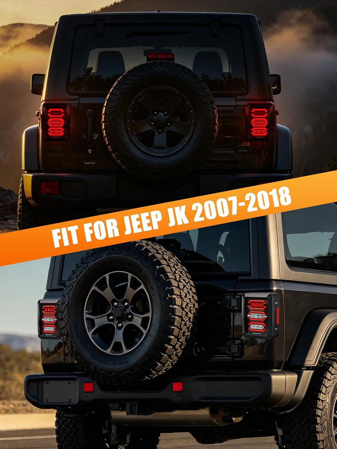 UNI-SHINE Clear Lens LED Tail Lights Compatible with Jeep Wrangler JK JKU 2007-2018, Red Hexagon Design Rear Brake Running Turn Signal Reverse Lights, Plug and Play Rear Lamps Assembly