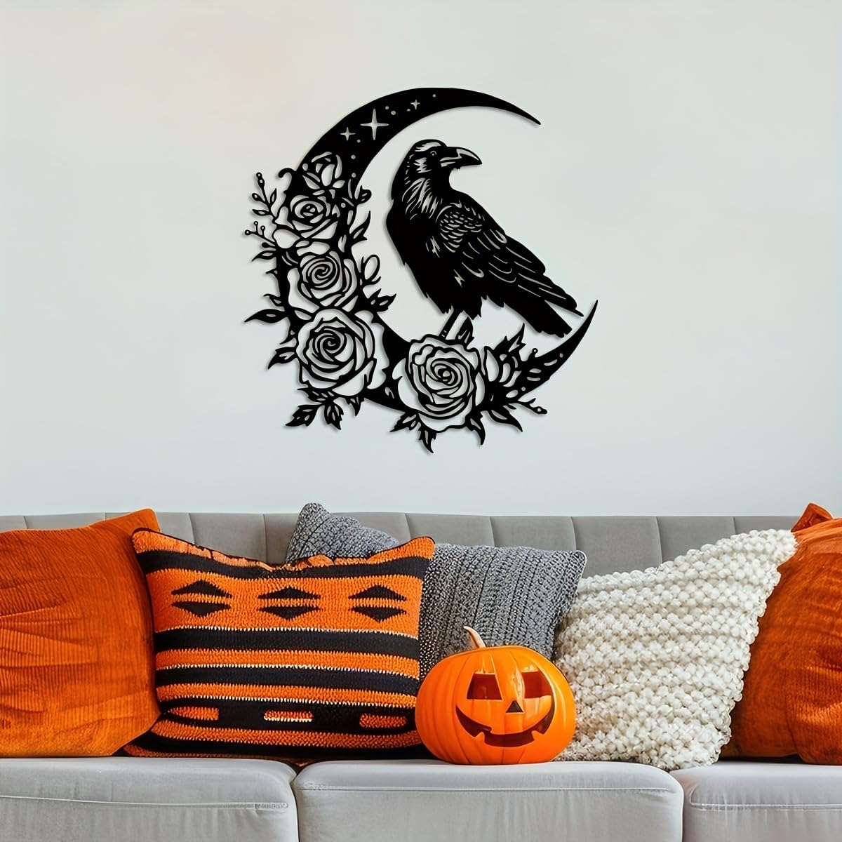 Generico Decoración de pared abstracta contemporánea de Metal con Arte de Cuervo Lunar, letrero colgante rústico Moderno para Sala de estar, dormitorio, oficina gótica o jardín Exterior.